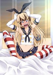 Rule 34 | 1boy, anchor, blue eyes, blush, bow, brown hair, cosplay, crossdressing, crossover, elbow gloves, gloves, hair bow, highleg, highleg panties, inoue yoshihisa, kantai collection, kimi no na wa., male focus, miniskirt, on bed, panties, sailor collar, shimakaze (kancolle), shimakaze (kancolle) (cosplay), sitting, skirt, solo, striped clothes, striped thighhighs, surprised, tachibana taki, thighhighs, trap, underwear, white gloves, wig