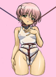 Rule 34 | 1girl, artist request, bdsm, blush, bondage, bound, character request, collar, cropped legs, gluteal fold, green eyes, leash, one-piece swimsuit, pink background, pink hair, rope, short hair, simple background, source request, swimsuit