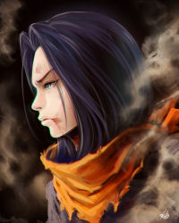 Rule 34 | 1boy, android 17, bad id, bad pixiv id, black hair, blood, blood from mouth, chromatic aberration, dirty, dragon ball, dragonball z, from side, green eyes, highres, kanchiyo, male focus, neckerchief, portrait, signature, solo