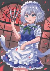 Rule 34 | 1girl, absurdres, apron, between fingers, blouse, blue dress, blue eyes, blush, bow, braid, breasts, cowboy shot, dress, frilled apron, frills, green bow, green ribbon, hair bow, hand up, high meron, highres, holding, holding knife, holding weapon, izayoi sakuya, knife, knives between fingers, looking at viewer, maid, maid apron, maid headdress, medium breasts, neck ribbon, parted lips, petals, petticoat, puffy short sleeves, puffy sleeves, ribbon, rose petals, shirt, short dress, short hair, short sleeves, solo, standing, thighs, touhou, twin braids, waist apron, weapon, white apron, white shirt