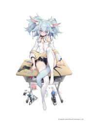 Rule 34 | 1girl, absurdres, animal ear fluff, animal ears, beige vest, between legs, black skirt, blue eyes, blue hair, blush, boots, breasts, buckle, cardigan vest, choker, closed mouth, collared shirt, damaged, desk, dinergate (girls&#039; frontline), fox ears, fox tail, full body, girls&#039; frontline, gun, hair between eyes, hair ornament, handgun, heart, heart-shaped pupils, highres, looking at viewer, mab pa-15, messy hair, nail polish, off shoulder, official alternate costume, official art, pa-15 (girls&#039; frontline), pa-15 (high school thrills) (girls&#039; frontline), pistol, plaid, plaid skirt, school uniform, shanyao jiang tororo, shirt, shoes, sidelocks, sitting, skindentation, skirt, small breasts, snap-fit buckle, solo, symbol-shaped pupils, tail, tail between legs, thighhighs, twintails, untucked shirt, unworn boots, unworn shoes, vest, weapon, white shirt, white thighhighs, yellow vest
