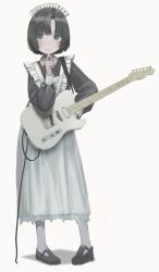 1girl absurdres apron black_eyes black_hair black_shoes closed_mouth commentary electric_guitar fender_telecaster full_body guitar highres instrument long_sleeves magan0301 maid maid_apron maid_headdress original shoes short_hair solo standing symbol-only_commentary white_apron