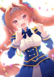 Rule 34 | 1girl, :d, animal ears, backlighting, blue jacket, blue skirt, breasts, brown hair, center frills, commentary request, confetti, daiwa scarlet (umamusume), dutch angle, epaulettes, fang, frills, hair between eyes, hair intakes, hands up, highres, horse ears, horse girl, horse tail, index finger raised, jacket, juliet sleeves, long hair, long sleeves, medium breasts, open mouth, puffy sleeves, red eyes, shirt, signature, skirt, smile, solo, tail, tiara, tsukimochikuriko (tsukimochi k), twintails, umamusume, very long hair, white background, white shirt