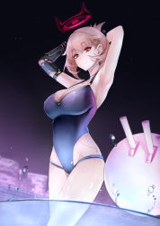 Rule 34 | 000ink, 1girl, absurdres, armpits, arms up, azur lane, black one-piece swimsuit, breasts, cleavage, duca degli abruzzi (azur lane), duca degli abruzzi (lustrous onyx sirenetta) (azur lane), from below, halo, highres, large breasts, mechanical arms, official alternate costume, one-piece swimsuit, partially submerged, pink hair, prosthesis, prosthetic arm, prosthetic hand, red eyes, short hair, single mechanical arm, smile, swimsuit, turret