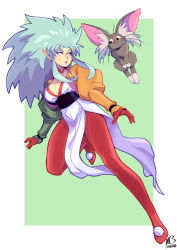 Rule 34 | 1girl, animal ear fluff, aqua eyes, border, breasts, cabbit, cleavage, earrings, eymbee, green background, highres, jewelry, long hair, looking to the side, medium breasts, outstretched arms, pointy ears, ryou-ouki, ryouko (tenchi muyou!), sidelocks, solo, spiked hair, tenchi muyou!, white border