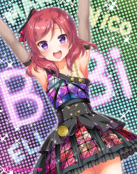 Rule 34 | 1girl, :d, \o/, armpits, arms up, black gloves, breasts, character name, collarbone, diamond princess no yuuutsu, dress, elbow gloves, frilled dress, frills, gloves, group name, hair ribbon, looking at viewer, love live!, love live! school idol festival, love live! school idol project, medium hair, nishikino maki, open mouth, outstretched arms, purple eyes, red hair, red ribbon, ribbon, sakurai makoto (custom size), screen, single-shoulder dress, single strap, sleeveless, sleeveless dress, small breasts, smile, solo, sparkle, sweat, twitter username