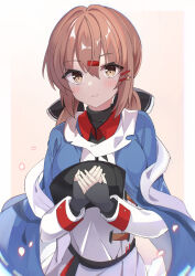 Rule 34 | 1girl, absurdres, black bow, black gloves, blue shawl, blush, bow, brown eyes, brown hair, closed mouth, collared shirt, fathom, fingerless gloves, gloves, hair between eyes, hair bow, hair ornament, hairclip, highres, jacket, kantai collection, long hair, long sleeves, looking at viewer, low twintails, red shirt, scarf, shawl, shirt, smile, solo, tashkent (kancolle), torn clothes, torn scarf, twintails, upper body, white jacket, white scarf