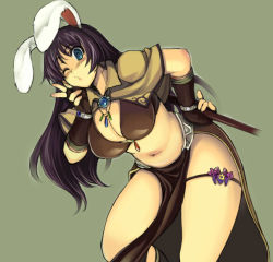 Rule 34 | 1girl, animal ears, belly, black hair, blue eyes, blush, bracelet, breasts, cleavage, curvy, fingerless gloves, flower, gloves, green background, jewelry, large breasts, lips, loincloth, long hair, long loincloth, mage (ragnarok online), midriff, mil (xration), navel, necklace, one eye closed, pelvic curtain, plump, rabbit ears, ragnarok online, simple background, solo, v, weapon, wink