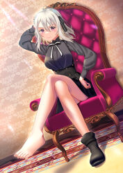 Rule 34 | 1girl, absurdres, ankle boots, armchair, barefoot, boots, chair, crossed legs, feet, hand on own hip, highres, lily (spy kyoushitsu), long hair, looking at viewer, pink eyes, shoes, unworn shoes, silver hair, single shoe, sitting, skirt, spy kyoushitsu, suspender skirt, suspenders, toes