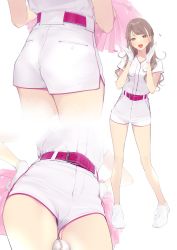 Rule 34 | 1girl, :d, ama mitsuki, ass, bare legs, baseball, belt, belt buckle, between legs, blonde hair, blush, brown eyes, brown hair, buckle, commentary request, full body, gloves, gluteal fold, hands on own hips, hands up, heart, high-waist shorts, highres, looking at viewer, multicolored hair, multiple views, open mouth, original, pink shirt, pom pom (cheerleading), revision, shirt, shoes, short sleeves, shorts, simple background, smile, sneakers, standing, streaked hair, swept bangs, two-tone hair, white background, white footwear, white gloves