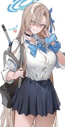 Rule 34 | 1girl, absurdly long hair, absurdres, asuna (blue archive), bag, blue archive, blue bow, blue bowtie, blush, bow, bowtie, breasts, button gap, fingernails, gyaru, hair over one eye, halo, heart, highres, holding, holding phone, ichinosenen, kogal, large breasts, light brown hair, long hair, looking at viewer, loose bowtie, nail polish, phone, pleated skirt, school bag, school uniform, scrunchie, shirt, shirt tucked in, simple background, skirt, smile, solo, straight hair, tented shirt, very long hair, w, white background, white shirt, wrist scrunchie