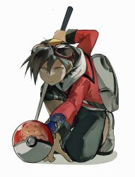 Rule 34 | 1boy, backpack, bag, black hair, black pants, closed mouth, commentary request, creatures (company), ethan (pokemon), game freak, gen 2 pokemon, goggles, goggles on headwear, grey bag, grey footwear, hair between eyes, highres, holding, jacket, long sleeves, male focus, nintendo, pants, pokemon, pokemon adventures, red jacket, sakanobo (sushi1021), shoes, short hair, togepi, white background, yellow eyes