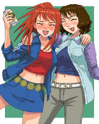 Rule 34 | 00s, alcohol, beer, beer can, belt, blouse, blush, breasts, brown hair, can, cleavage, closed eyes, crop top, denim, denim skirt, drink can, drunk, jacket, lipstick, long hair, lowres, makeup, midriff, my-hime, navel, non-web source, open clothes, open jacket, pants, red hair, red shirt, sagisawa youko, shirt, short hair, skirt, sugiura midori, tank top