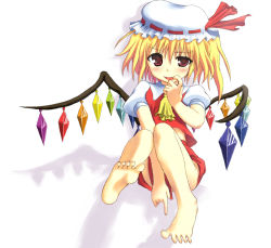 Rule 34 | 1girl, bad id, bad pixiv id, barefoot, blonde hair, blouse, child, collared shirt, fang, feet, female focus, finger in own mouth, flandre scarlet, foot focus, full body, hair between eyes, hat, mob cap, naughty face, ryuutansai, shirt, sitting, soles, solo, touhou, white background, white hat, white shirt, wings