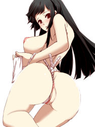 Rule 34 | 1girl, anus, ass, bdsm, black hair, bondage, bound, breasts, clitoris, crotch rope, dearmybrothers, female focus, from behind, fundoshi, highres, holding, houraisan kaguya, japanese clothes, large breasts, long hair, looking back, nipples, pussy, red eyes, simple background, solo, topless, touhou, uncensored, underwear, underwear only, wedgie, white background