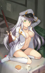 Rule 34 | 1girl, absurdres, black panties, boots, breasts, cleavage, food, green eyes, gun, hallohi, hand on headwear, hat, highres, holding, holding gun, holding weapon, indoors, jewelry, knee boots, long hair, looking at viewer, medium breasts, military hat, necklace, open mouth, original, panties, rifle, silver hair, sitting, solo, underwear, very long hair, weapon, white footwear, white hat