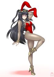 Rule 34 | 1girl, animal ears, black hair, blush, bodystocking, breasts, cleavage, detached collar, dojipan, fake animal ears, fire emblem, fire emblem awakening, full body, high heels, hime cut, leg up, leotard, long hair, looking at viewer, nintendo, playboy bunny, rabbit ears, rabbit tail, solo, standing, standing on one leg, tail, tharja (fire emblem), tiara, two side up