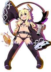 Rule 34 | 1girl, ahoge, bare shoulders, blonde hair, demon girl, demon horns, demon tail, detached sleeves, fang, flat chest, gloves, horns, kirara fantasia, lilith (machikado mazoku), long hair, looking at viewer, machikado mazoku, navel, open mouth, revealing clothes, smile, solo, statue, tail, thighhighs, watage (lucky yyg)