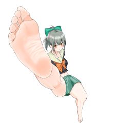 Rule 34 | 1girl, absurdres, artist request, barefoot, blush, bow, brown eyes, feet, foot focus, grey hair, hair bow, highres, kantai collection, leg up, long hair, ponytail, pov, sitting, soles, toes, yuubari (kancolle)