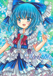 Rule 34 | 1girl, :d, adapted costume, ahoge, blue background, blue bow, blue brooch, blue eyes, blue hair, blue skirt, blue theme, blue vest, bow, bowtie, cirno, cowboy shot, frilled bow, frilled shirt collar, frills, hair between eyes, hair bow, index finger raised, looking at viewer, marker (medium), open mouth, puffy short sleeves, puffy sleeves, red bow, red bowtie, rui (sugar3), sample watermark, shirt, short hair, short sleeves, skirt, skirt set, smile, snowflake print, snowflakes, solo, touhou, traditional media, vest, watermark, white shirt