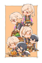 Rule 34 | 3boys, 3girls, all fours, black eyes, black hair, book, boots, chibi, cloak, closed eyes, dark persona, father and daughter, fire, fire emblem, fire emblem awakening, fire emblem heroes, gloves, gold trim, grima (fire emblem), highres, leather, leather gloves, morgan (female) (fire emblem), morgan (fire emblem), morgan (male) (fire emblem), mother and son, multiple boys, multiple girls, multiple persona, nintendo, open mouth, orange background, orange eyes, pants, purple fire, red eyes, robe, robin (female) (fire emblem), robin (fire emblem), robin (male) (fire emblem), scroll, short hair, shunrai, simple background, sitting on books, smile, twintails, two-tone background, white background, white hair