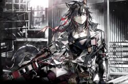 Rule 34 | 1boy, absurdres, animal ears, arknights, black shirt, blue eyes, brown hair, cable, cat boy, cat ears, cat tail, chest strap, cityscape, closed mouth, highres, jacket, jewelry, looking at viewer, male focus, medium hair, multicolored hair, necklace, pouch, remsrar, scaffolding, shirt, solo, stainless (arknights), streaked hair, tail, white jacket