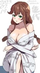 Rule 34 | 1girl, asava (hutaitenn), braid, breasts, brown hair, cleavage, dated, feet out of frame, green eyes, highres, japanese clothes, kantai collection, kimono, large breasts, long hair, looking at viewer, noshiro (kancolle), off shoulder, one-hour drawing challenge, sitting, solo, swept bangs, twin braids, twitter username, white background, white kimono, yukata