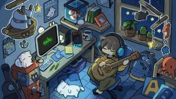 Rule 34 | 1other, acoustic guitar, aquarium, bandaid, bandaid on face, bedroom, blue bag, book, brown hair, cactus, cat, chair, closed eyes, computer, cup, desk, fish, fish tank, gashapon, guitar, guitar case, headphones, highres, hood, hood down, hoodie, indoors, instrument, instrument case, khaki pants, model ship, monitor, computer mouse, mug, night, nintendo switch, original, pants, pencil, pillow, plant, playing guitar, poster (object), potted plant, scenery, shelf, shimarisu yukichi, sitting, squirrel, star (symbol), sticker, swivel chair, white cat, window, yellow hoodie