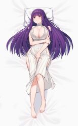 Rule 34 | 1girl, absurdres, areola slip, barefoot, blunt bangs, blush, breasts, chen yang yang, dress, fern (sousou no frieren), from above, highres, large breasts, long hair, looking at viewer, lying, on back, open mouth, partially unbuttoned, purple eyes, purple hair, revealing clothes, sleeveless, sleeveless dress, solo, sousou no frieren, straight hair, toes, unbuttoned dress, white dress