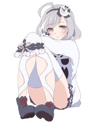 Rule 34 | 1girl, ahoge, ankle boots, arms on knees, assault lily, black bow, black footwear, black hairband, blush, boots, bow, bow hairband, closed mouth, clothing cutout, commentary, convenient leg, cross-laced footwear, crossed arms, frilled shorts, frilled sleeves, frills, full body, ghost hair ornament, ghost print, grey hair, gumoyu, hair bow, hairband, halloween costume, hands up, highres, hood, hood down, hoodie, knees up, lace-up boots, leg cutout, long hair, long sleeves, looking at viewer, multicolored hair, official alternate costume, outstretched arms, pigeon-toed, print hoodie, sasaki ran, shoe soles, short shorts, shorts, simple background, sitting, sleeves past fingers, sleeves past wrists, solo, streaked hair, thighhighs, white background, white hoodie, white shorts, white thighhighs, yellow eyes