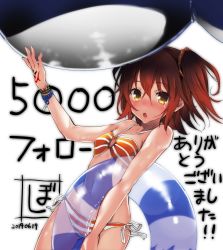 Rule 34 | 1girl, ahoge, bikini, boshi (a-ieba), breasts, chestnut mouth, commentary request, cowboy shot, fate/grand order, fate (series), fujimaru ritsuka (female), fujimaru ritsuka (female) (brilliant summer), highres, inflatable toy, inflatable whale, innertube, looking at viewer, milestone celebration, o-ring, o-ring bikini, official alternate costume, one side up, open mouth, orange bikini, orange eyes, orange hair, side-tie bikini bottom, side ponytail, simple background, small breasts, solo, striped bikini, striped clothes, swim ring, swimsuit, teeth, upper teeth only, white background