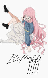 Rule 34 | 1girl, absurdres, bang dream!, bang dream! it&#039;s mygo!!!!!, black footwear, blue sailor collar, blue shirt, chihaya anon, commentary request, copyright name, full body, glasses, grey eyes, highres, long hair, long sleeves, looking at viewer, pink hair, sailor collar, shirt, simple background, sitting, skirt, solo, tongue, tongue out, white background, white skirt, yu yin
