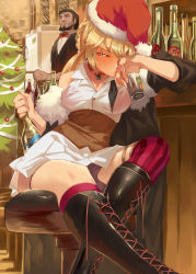 Rule 34 | 1boy, 1girl, absurdres, alcohol, bar (place), bar stool, bartender, black coat, blonde hair, blush, boots, bottle, braid, breasts, bustier, ceda (dace), choker, christmas, christmas tree, closed mouth, coat, cross-laced footwear, cup, dress, drinking glass, drunk, elbow rest, french braid, fur-trimmed coat, fur trim, garter straps, girls&#039; frontline, hair between eyes, hat, head on hand, highres, holding, holding bottle, holding cup, holding drinking glass, lace-up boots, long hair, looking at viewer, off shoulder, ots-14 (girls&#039; frontline), refrigerator, santa hat, sitting, skirt, sleeves rolled up, star (symbol), star choker, stool, striped clothes, striped thighhighs, thighhighs, thighs, vertical-striped clothes, vertical-striped thighhighs, very long hair, wine rack, yellow eyes