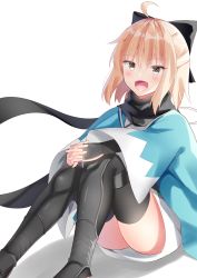 Rule 34 | 1girl, :d, absurdres, ahoge, black bow, black scarf, black thighhighs, blonde hair, blush, bow, commentary request, elbow gloves, fate/grand order, fate (series), gloves, grey eyes, hair between eyes, hair bow, half updo, hands on own knees, haori, highres, interlocked fingers, japanese clothes, knees together feet apart, knees up, looking at viewer, okita souji (fate), okita souji (koha-ace), open mouth, own hands together, scarf, shadow, shin guards, short hair, simple background, sitting, smile, solo, thighhighs, white background, yashima roi