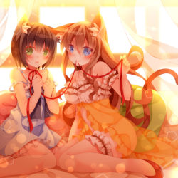 Rule 34 | 2girls, animal ears, arm garter, bare shoulders, blue dress, blue eyes, blush, breasts, brown hair, camisole, cape, casual, cat ears, cat tail, choker, curtains, dress, frilled dress, frills, green eyes, hair between eyes, bridal garter, lens flare, long hair, looking at viewer, mogu (au1127), mouth hold, multiple girls, original, pillow, ribbon choker, short hair, sidelocks, sitting, small breasts, smile, spaghetti strap, sunlight, tail, yellow dress