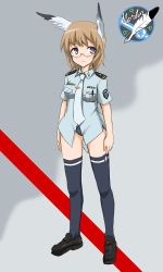 Rule 34 | 1girl, bad id, bad pixiv id, blue eyes, brown hair, commentary request, dakku (ogitsune), glasses, head wings, panties, solo, strike witches, strike witches 1991, thighhighs, underwear, uniform, wings, world witches series