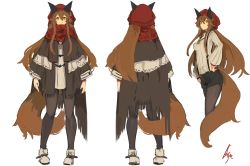 Rule 34 | 1girl, animal ears, arms at sides, black pantyhose, boots, brown eyes, brown hair, facing away, hair between eyes, hand on own hip, hat, jewelry, lansane, long hair, long sleeves, looking at viewer, multiple views, necklace, original, pantyhose, red hat, red scarf, ribbed sweater, scarf, shorts, signature, simple background, sketch, smile, standing, suspender shorts, suspenders, sweater, tail, tsana (lansane), very long hair, wolf ears, wolf tail