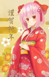 Rule 34 | 1girl, blush, bow, breasts, closed mouth, egasumi, floral background, floral print, flower, hair bow, hair flower, hair ornament, hand on own chest, highres, japanese clothes, kimono, long sleeves, looking at viewer, new year, obi, original, pink hair, print kimono, red bow, red eyes, red kimono, rennkuu, sash, short hair, smile, solo, tareme, translated, upper body, wide sleeves
