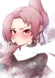 Rule 34 | 1girl, :t, black shirt, blush, closed mouth, cluseller, female focus, folded ponytail, forehead, gloves, hand up, highres, kemurikusa, long sleeves, looking at viewer, nose blush, red eyes, red gloves, red hair, rin (kemurikusa), rope, scarf, shirt, short hair, simple background, solo, upper body, white background, white scarf