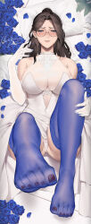 Rule 34 | 1girl, alios arvin, bare shoulders, blue eyes, blush, breasts, bridal veil, bride, brown hair, dress, earrings, elbow gloves, feet, flower, glasses, gloves, highres, inoue iris (sdustz), jewelry, large breasts, long hair, looking at viewer, mature female, mole, mole under eye, nail polish, no shoes, original, parted lips, smile, solo, thighhighs, toenail polish, toenails, toes, veil, wedding dress, white dress, white gloves