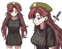 Rule 34 | 1girl, annoyed, beret, black shirt, blue eyes, braid, breasts, commentary, english commentary, hat, hat ornament, highres, hong meiling, illusion grid t-shirt, knifed, long hair, long shirt, medium breasts, messy hair, multiple views, red hair, shirt, simple background, star (symbol), star hat ornament, stirfriedspam, sweat, touhou, twin braids, white background
