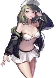 Rule 34 | 1girl, absurdres, arm up, bandeau, bare shoulders, baseball cap, bikini, black jacket, breasts, candy, cleavage, commentary, ear piercing, earrings, food, food print, green eyes, green hair, grey background, hand in own hair, hat, highres, jacket, jewelry, lollipop, long hair, long sleeves, mac star, medium breasts, mole, mole on breast, navel, necklace, off shoulder, open clothes, open jacket, original, piercing, ring, simple background, solo, standing, strapless, strapless bikini, swimsuit, unzipped, white bikini, white hat
