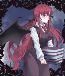 Rule 34 | 1girl, bat wings, black background, black skirt, black vest, book, closed mouth, collared shirt, commentary, head wings, highres, holding, holding book, kanaria (bocmn), koakuma, long hair, long sleeves, multiple wings, necktie, one-hour drawing challenge, red eyes, red hair, red necktie, shirt, skirt, smile, solo, touhou, vest, white shirt, wings