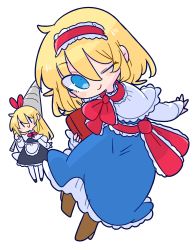 Rule 34 | 1girl, alice margatroid, apron, ascot, blonde hair, blue dress, blue eyes, book, boots, capelet, doll, dress, frilled ascot, frills, grimoire, grimoire of alice, hairband, high heel boots, high heels, highres, lance, lolita hairband, one eye closed, op na yarou, polearm, puffy short sleeves, puffy sleeves, puppet strings, red ascot, red hairband, shanghai doll, short hair, short sleeves, simple background, solo, touhou, waist apron, weapon, white background