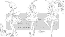 Rule 34 | 1girl, ahiru (princess tutu), ahoge, ballerina, ballet, ballet dress, ballet slippers, bare shoulders, character name, closed mouth, detached sleeves, en pointe, from side, full body, fumia, greyscale, jewelry, looking at viewer, monochrome, multiple views, necklace, princess tutu, princess tutu (character), short hair, simple background, sleeveless, standing, standing on one leg, white background