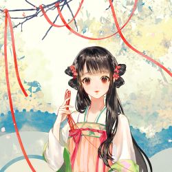 Rule 34 | 1girl, black hair, branch, chinese clothes, closed mouth, commentary request, flower, hair flower, hair ornament, hanfu, long hair, long sleeves, looking at viewer, original, red eyes, red flower, red ribbon, ribbon, say hana, smile, solo, upper body, very long hair