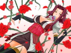 Rule 34 | 1girl, black rose dragon, blush, breasts, card, card in mouth, choker, cleavage, elbow gloves, female focus, fingerless gloves, flower, gloves, gradient background, highres, izayoi aki, jewelry, large breasts, long hair, mouth hold, necklace, onji, red hair, rose, short hair, solo, thighhighs, yellow eyes, yu-gi-oh!, yu-gi-oh! 5d&#039;s