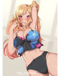 Rule 34 | 1girl, absurdres, arm up, armpits, artist name, blonde hair, blush, breasts, cleavage, commentary, covered navel, crop top, embarrassed, floral print, gradient hair, groin, hair in own mouth, hand in own hair, highleg, highleg panties, highres, impossible clothes, kitagawa marin, long hair, looking at viewer, medium breasts, midriff, multicolored hair, nail polish, paid reward available, panties, pink nails, red eyes, red hair, shiny skin, solo, sono bisque doll wa koi wo suru, swept bangs, tolydraw, underwear, watermark