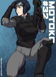 Rule 34 | 1girl, assault rifle, black gloves, black hair, black vest, blue background, blue eyes, body armor, bodysuit, bulletproof vest, bullpup, character name, close-up, from side, ghost in the shell, gloves, grey background, gun, head-mounted display, highres, holding, holding gun, holding weapon, kneeling, kusanagi motoko, looking to the side, monochrome, rifle, science fiction, sgt crisis, short hair, simple background, solo, vest, weapon, white bodysuit