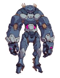 Rule 34 | absurdres, highres, korean commentary, long arms, looking ahead, mar10, mecha, no humans, open hands, original, pink eyes, robot, science fiction, simple background, solo, standing, white background
